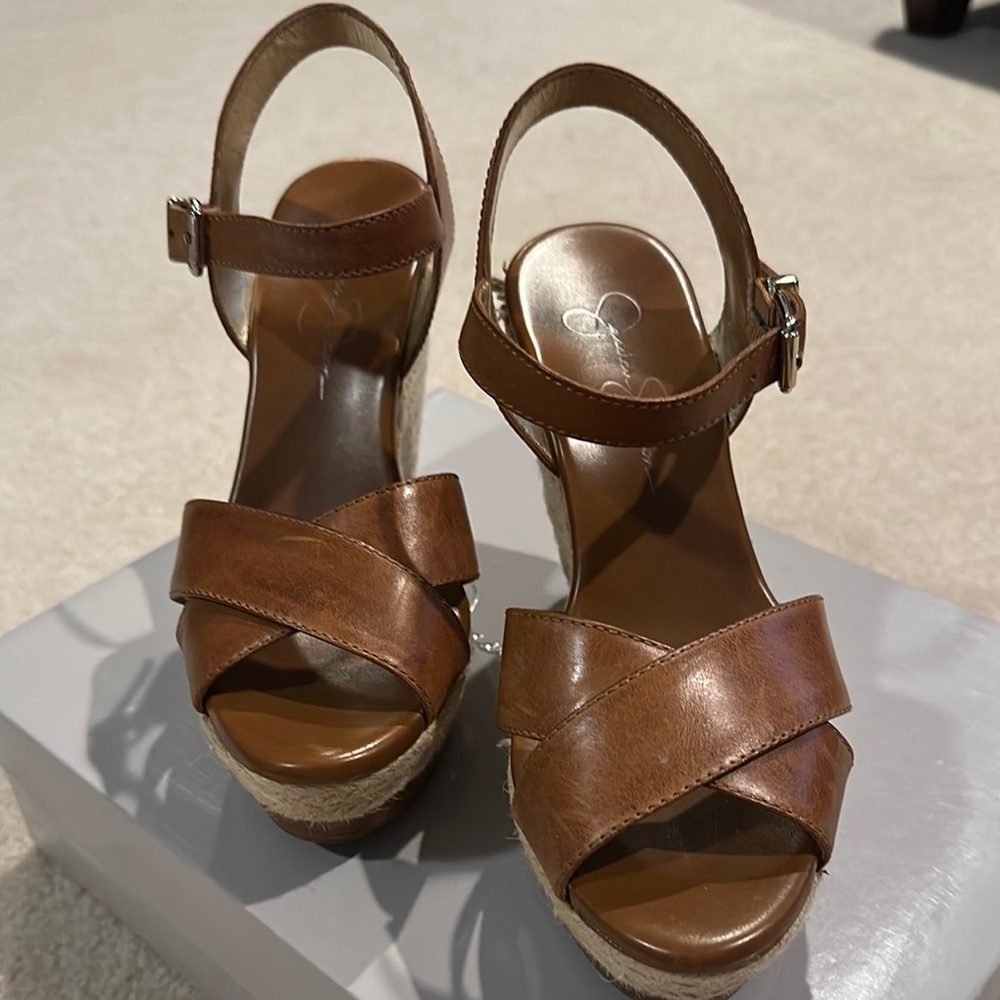 Jessica Simpson Brown Leather Wedge Sandals